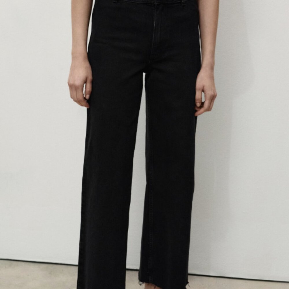 MNG Mango Catherine Wide Leg Jeans Black Wash Raw Hems, US Size 8 Euro size 40